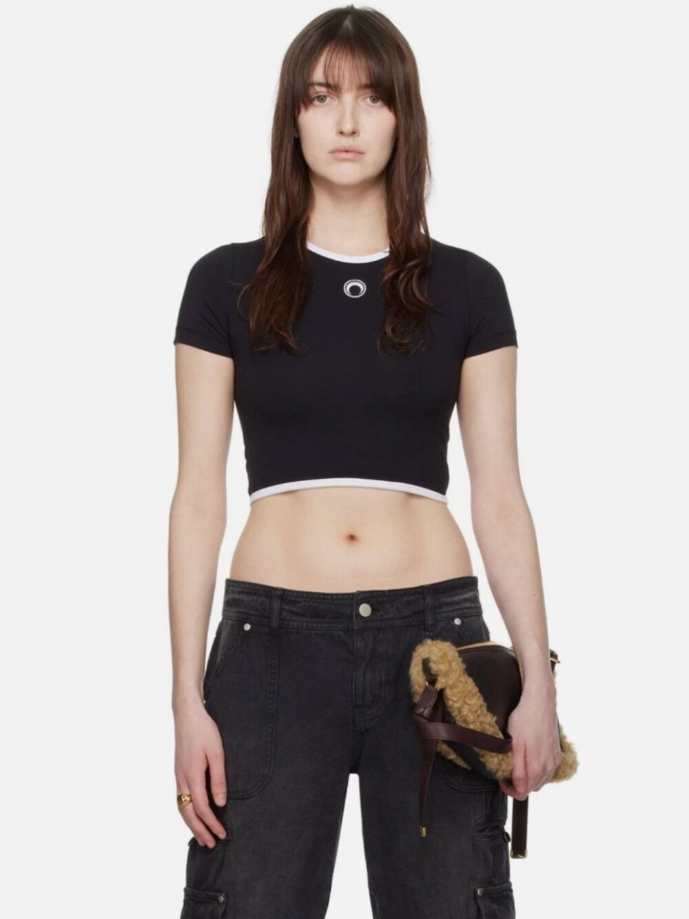 MARINE SERRE Black Jersey Embroidered Crescent Logo Cropped Baby T-Shirt, Size S